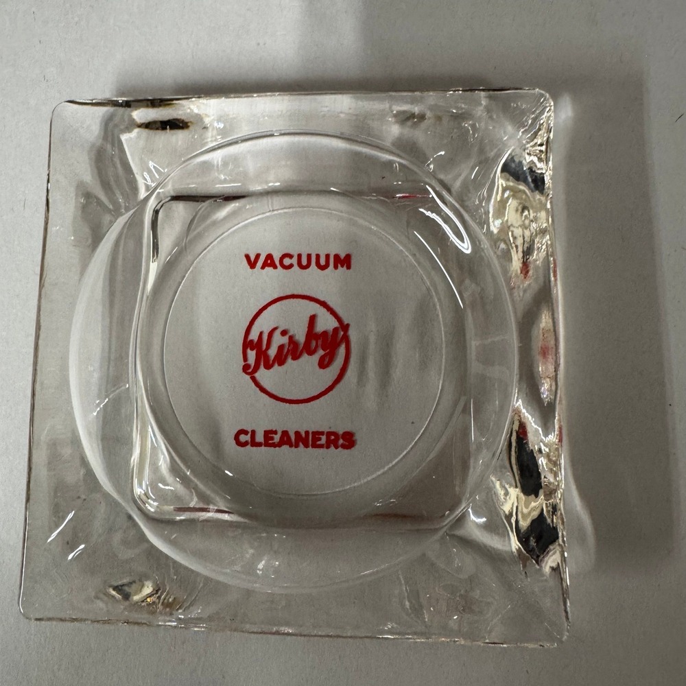 Vintage Kirby Vacuum Cleaners Glass Ashtray Square Clear‎ Red Logo Advertising
